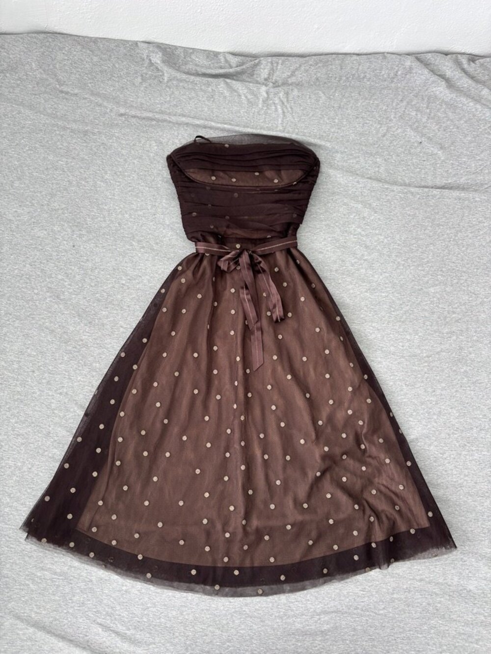 BCBGMAXAZRIA Brown Tulle Dress S Gold Polka Dot Y2K As Seen On The OC Midi